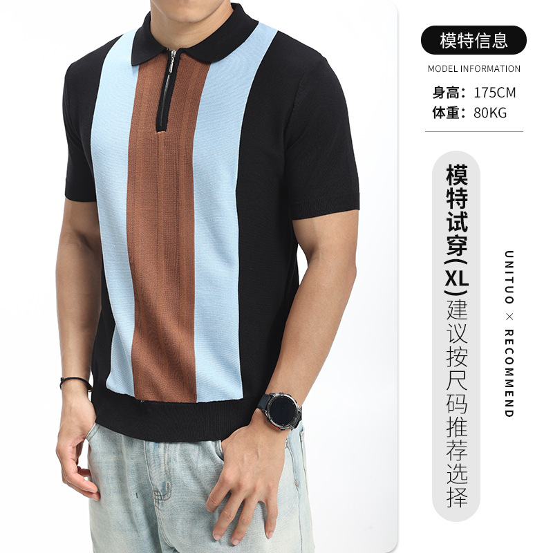 Europa y Estados Unidos transfronterizos hombre medio cremallera rayas polo camiseta de punto de verano con solapa de mangas cortas ropa de hombre de alta calidad casual hombre