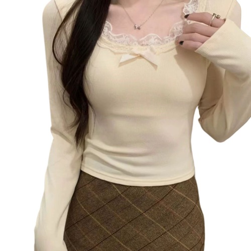 Pure Desire Plaid U-Neck American Style Women's Autumn Double-Faced Fleece Long-Sleeve T-Shirt Lace Underwear Top Warm Inner Wear