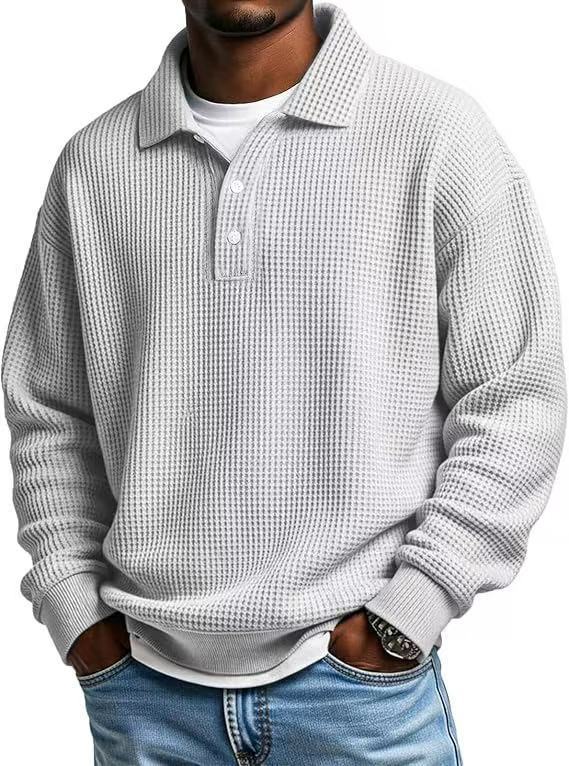 Autumn and Winter New Men's Waffle Long-Sleeved Polo Shirt American Retro Loose Long-Sleeved Casual Cross-Border Hot-Selling Men's Clothing