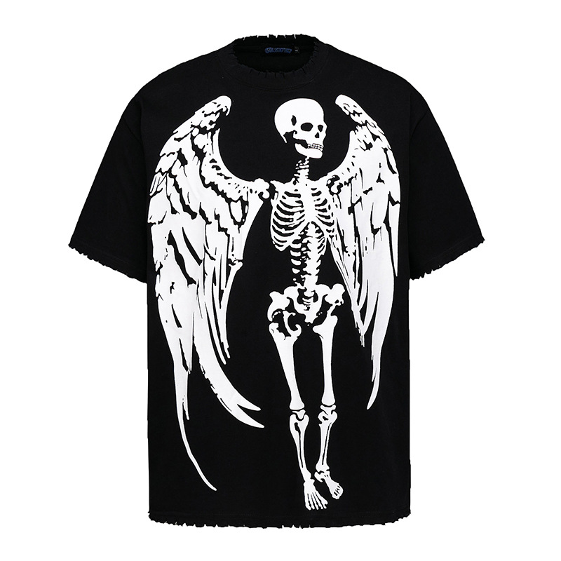 TKPA European and American high street trendy brand punk angel print small neckline heavy pure cotton short-sleeved T-shirt for couples