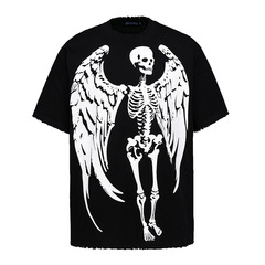 TKPA European and American high street trendy brand punk angel print small neckline heavy pure cotton short-sleeved T-shirt for couples