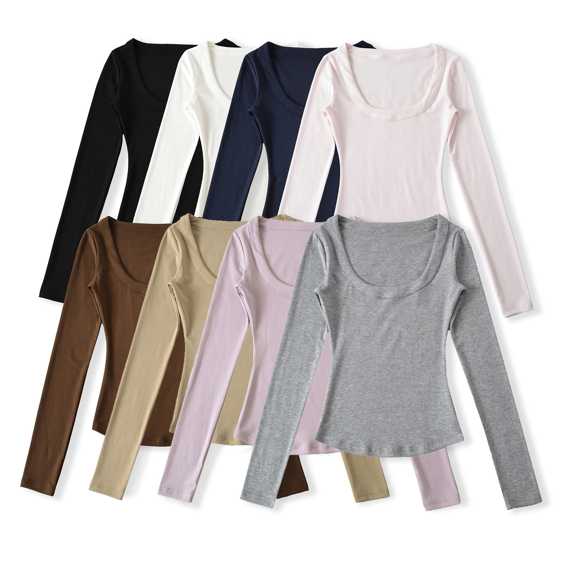 Hot Girl Sexy Big U-Neck Tencel Top Early Autumn New Style Right Shoulder High Elastic Slimming Look Waist Bottoming Shirt T-Shirt