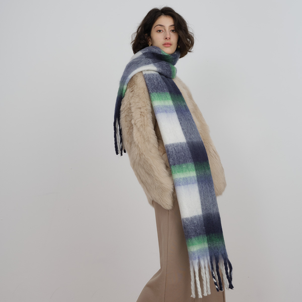 Vintage designer scarf Classic Maillard imitation wool check scarf for women winter soft warm add neck_voghion.com
