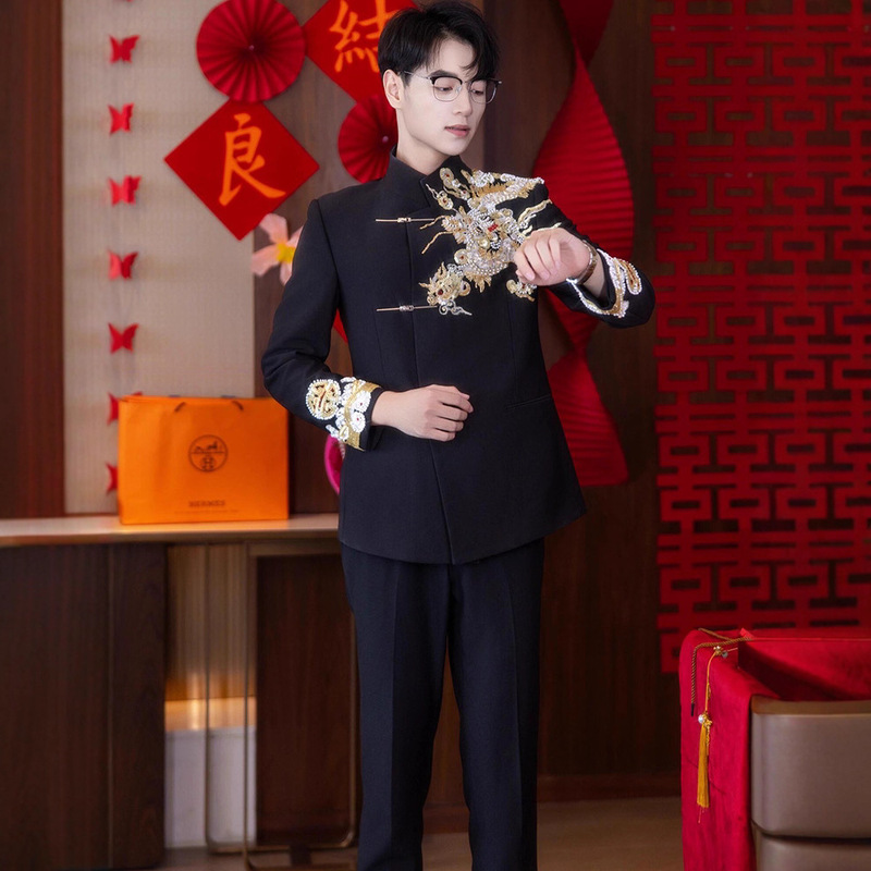New Chinese Style Zhongshan Suit Men's Wedding Suit Black Stand Collar Suit Jacket Engagement Groom Chinese Style Dress New Chinese Style Zhongshan Suit Men's Wedding Suit Black Stand Collar Suit Jacket Engagement Groom Chinese Style Dress
