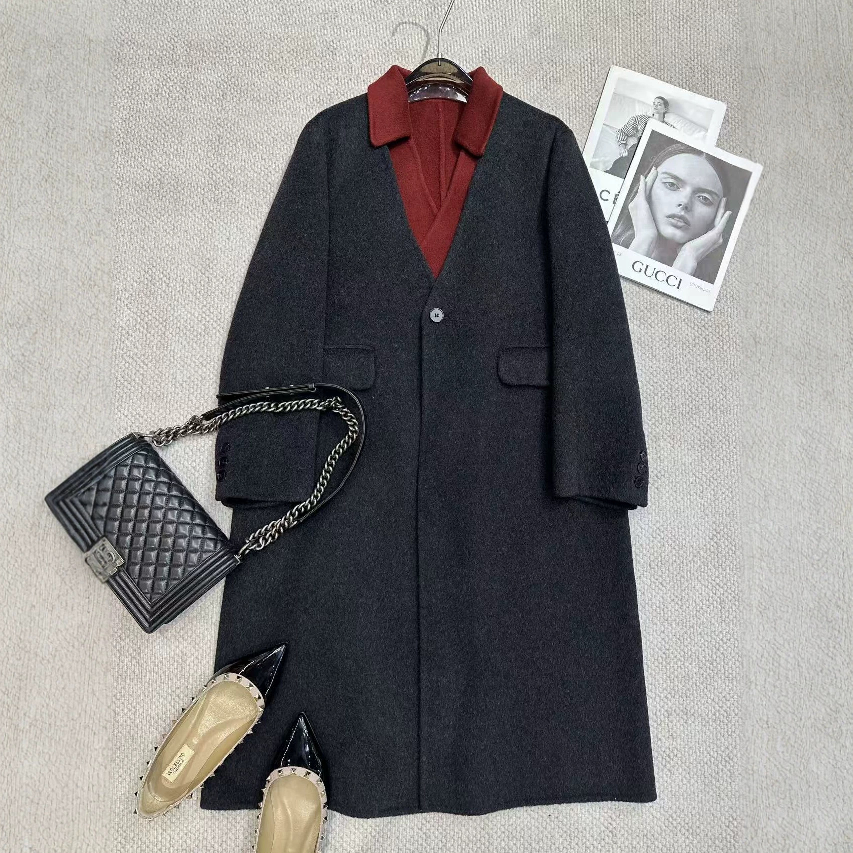 Shenzhen Nanyou 2026 Autumn/Winter New Korean Style Black and Red Two-Piece Double-Sided Cashmere Long Coat for Women