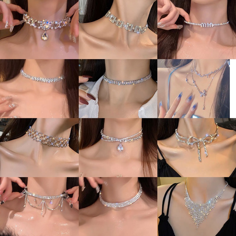 European and American diamond-encrusted water drop oval necklace, fashionable and high-end clavicle chain, niche design, cold style necklace wholesale for women