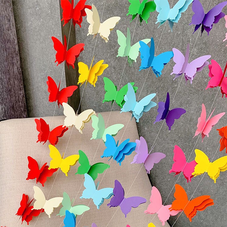 Wedding decorations, 3D butterfly paper streamers, birthday party decorations, children's room decorations, colorful butterfly paper strings.