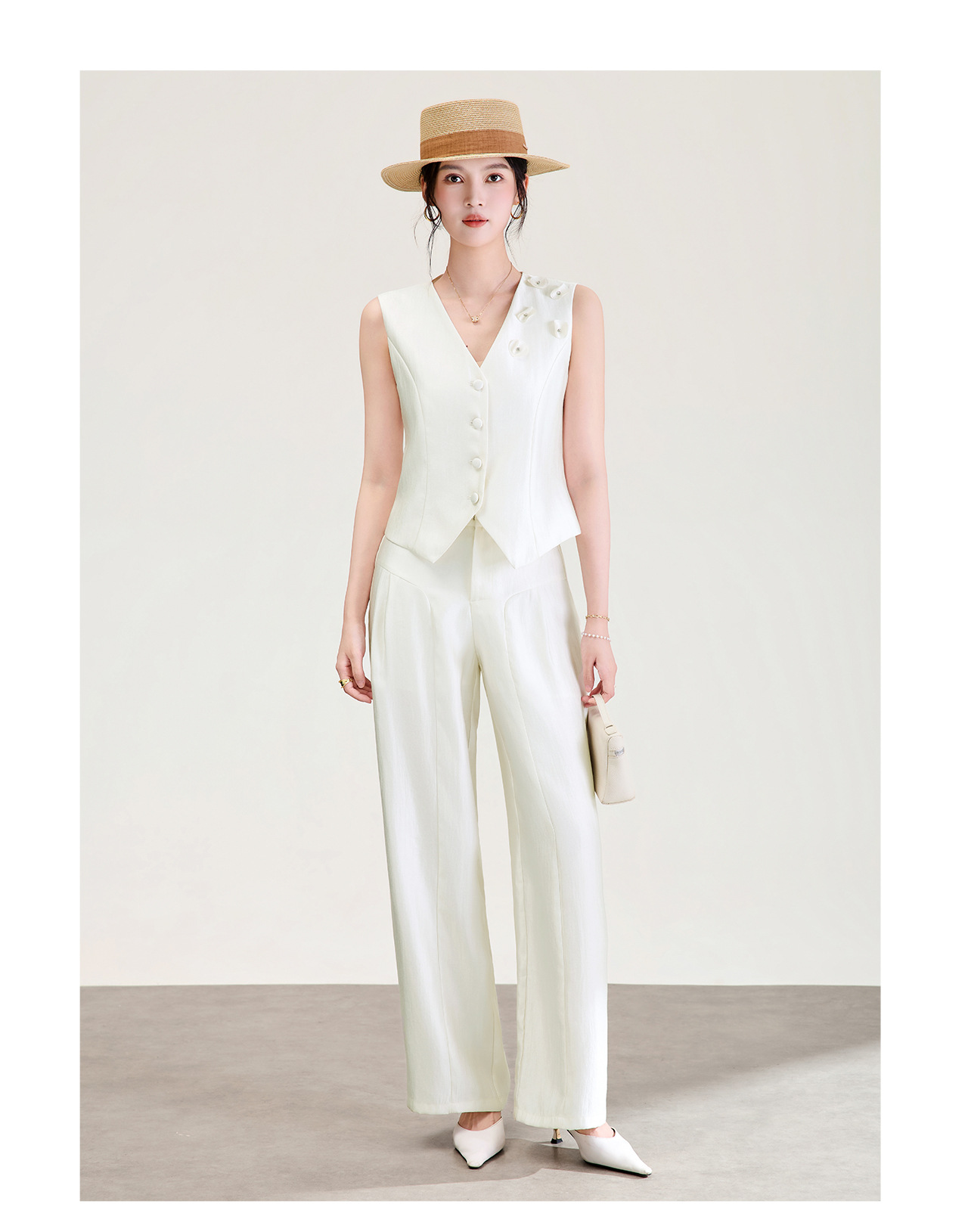 Bộ áo gile và quần ống rộng nữ phối vải linen pha tencel mát mẻ — Màu cà phê chi tiết 17