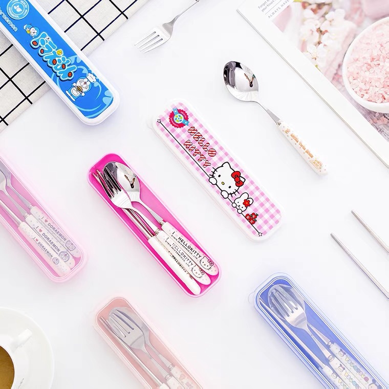 Wholesale of cute cartoon children's tableware, student portable food grade 304 stainless steel tableware, spoon, fork and chopsticks set