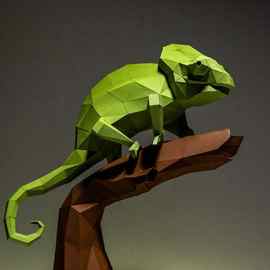 树上的变色龙3d纸模型DIY手工纸模摆件玩具几何折纸立体构成