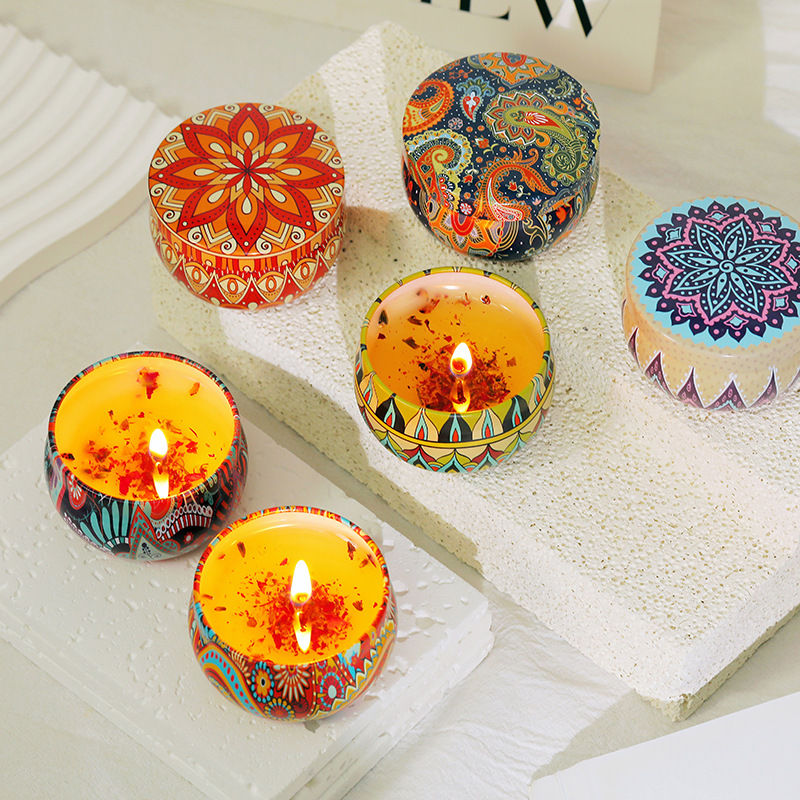 Étnico flor seca aromaterapia vela caja de hierro Regalo de Cumpleaños dormitorio decoración dormir fragancia vela caja de regalo al por mayor