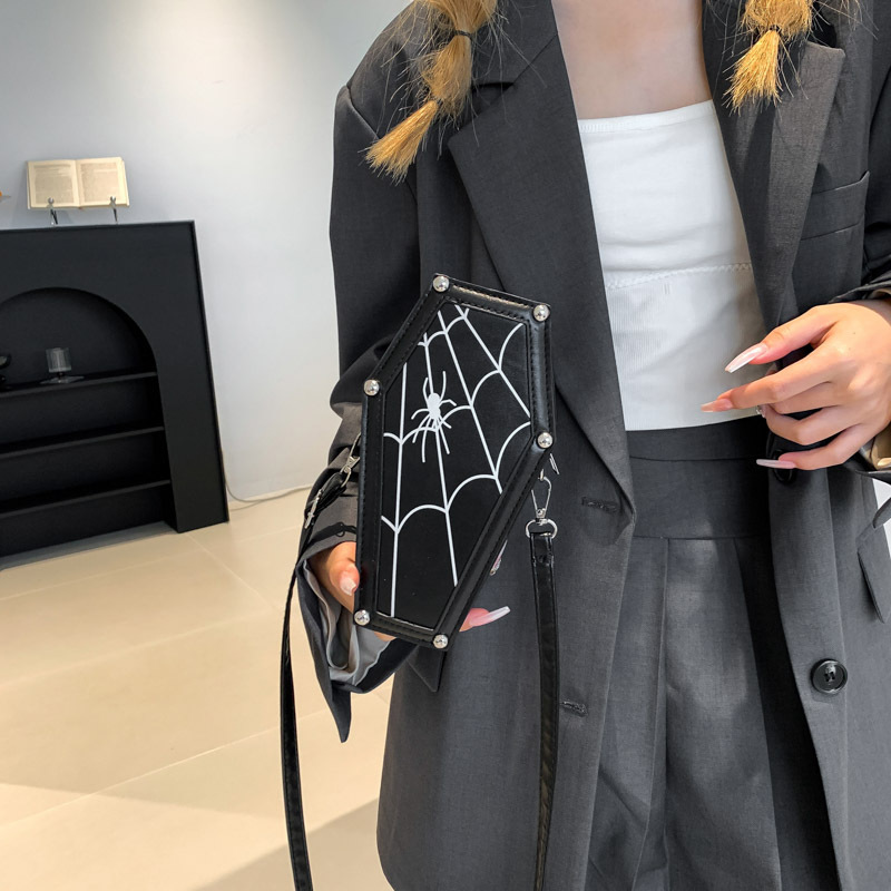 450g Weight Pu Leather Lining Material Sewing Thread Fashion Element Zipper Closure Type Single Shoulder Strap Strap Type Shoulder Bag, Crossbody Bag Bags Type Casual, Daily Occasion Pu Leather Material Halloween Festival Spider Web, Skull Pattern All Seasons Season Women's Gender Basic Style Square Shape Small Size Halloween Women's Small Pu Leather Spider Web Skull Basic Sewing Thread Zipper Shoulder Bag Crossbody Bag 14