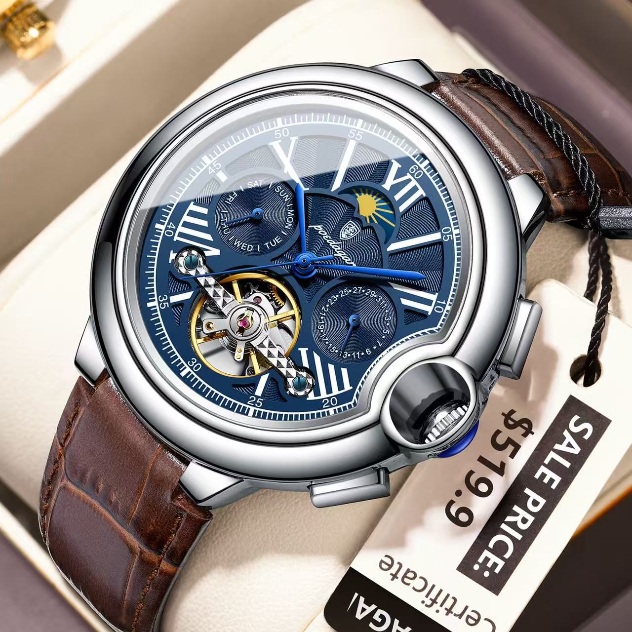 Poedagar Mechanical Watch Multifunctional Waterproof Tourbillon Fashion Luxury Trendy Men's Watch Foreign Trade Popular Wristwatch