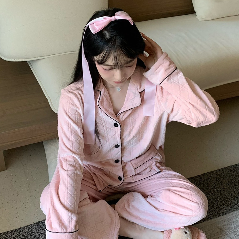 Trendy Pink Series Island Fleece Pajamas for Women, Autumn and Winter Blue, Brightening Coral Fleece, Warm Loungewear