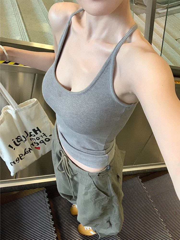 Gray Camisole for Women, Summer Anti-Exposure, Side Breast Coverage, Inner Wear with Chest Pads, Outer Wear Halter Neck Beautiful Back Top