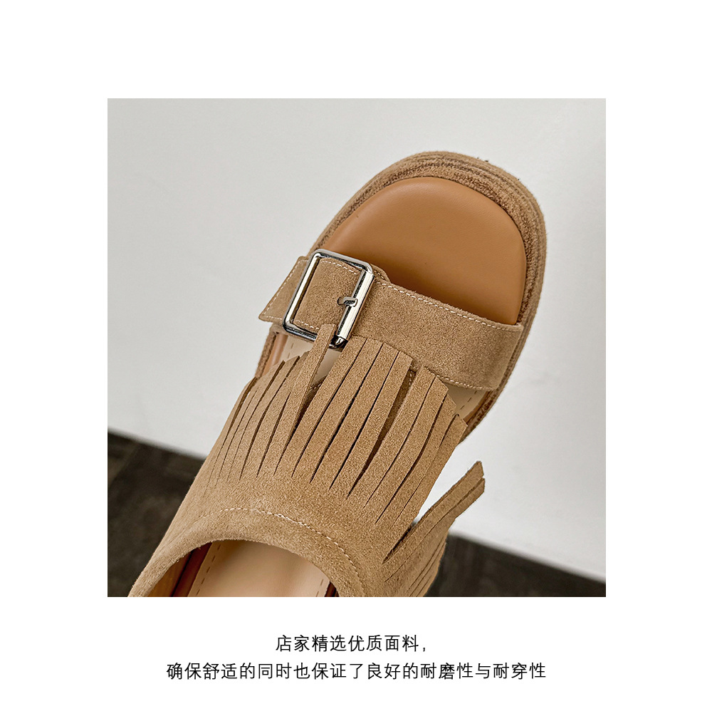 Dép sandal nữ quai ngang đế xuồng cao gót 9 cm phong cách retro tua rua — nâu sẫm, màu mơ chi tiết 17