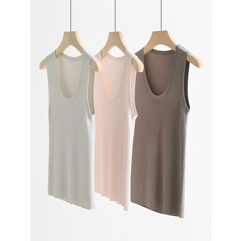 Glittering Gold and Silver Thread Beaded Cool Ice Silk Summer U-Neck Ribbed Knit Tank Top Slim Fit Sleeveless Top 92198 Glittering Gold and Silver Thread Beaded Cool Ice Silk Summer U-Neck Ribbed Knit Tank Top Slim Fit Sleeveless Top 92198