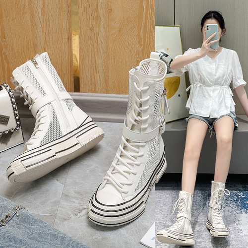 Genuine Leather Mid-Calf Martin Boots Women's  New Summer Thin Cool Boots Women's Shoes Breathable Boots Platform Hollowed-out Mesh Boots