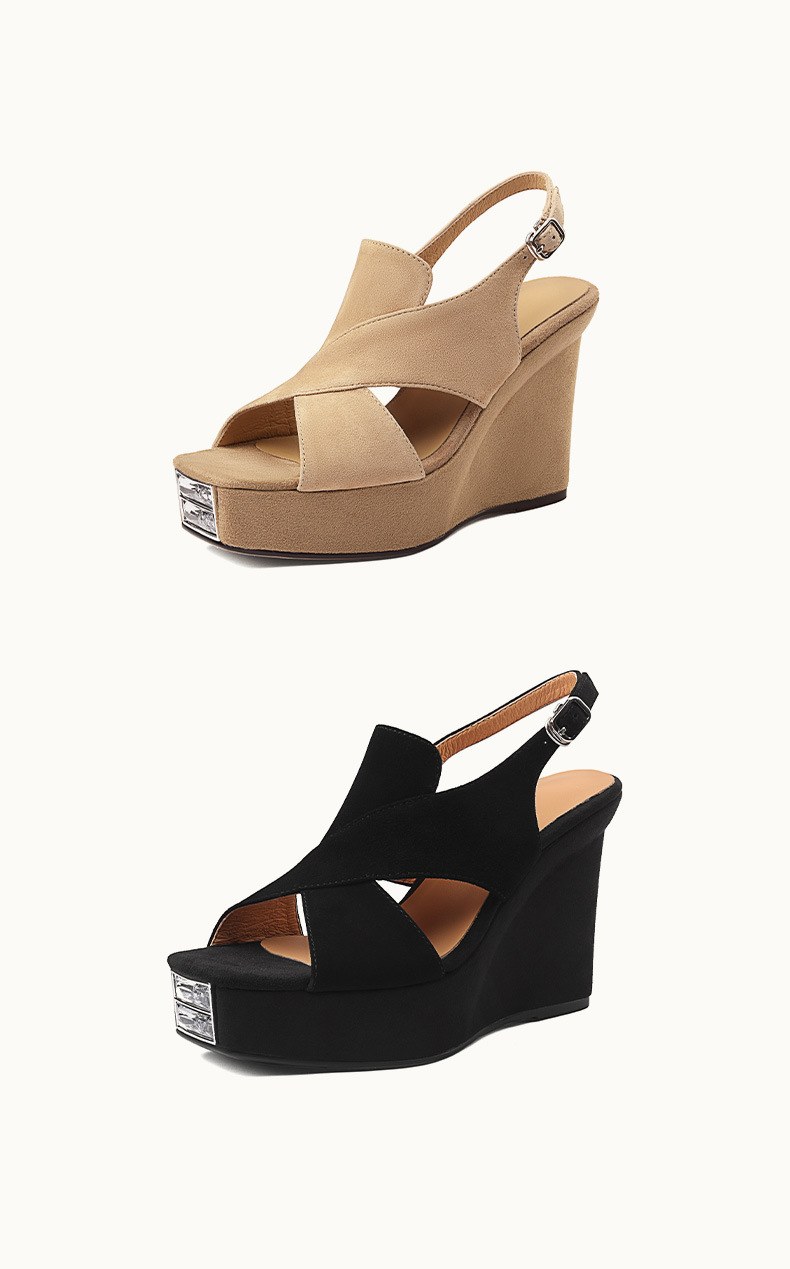 Sandal cao gót nữ hở mũi đế xuồng 10cm da lộn quai miệng cá — Màu đen chi tiết 10