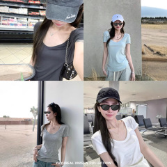 YUYUREALミントのディテールはシンプルで、uネックのゆったりしたtシャツの女性の夏は腰の純色の半袖の上着を収めます。