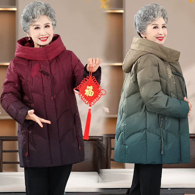 Пожилые зимние платья бабушки средние и длинные иностранные пуховики куртка мама толстая теплая мода с капюшоном