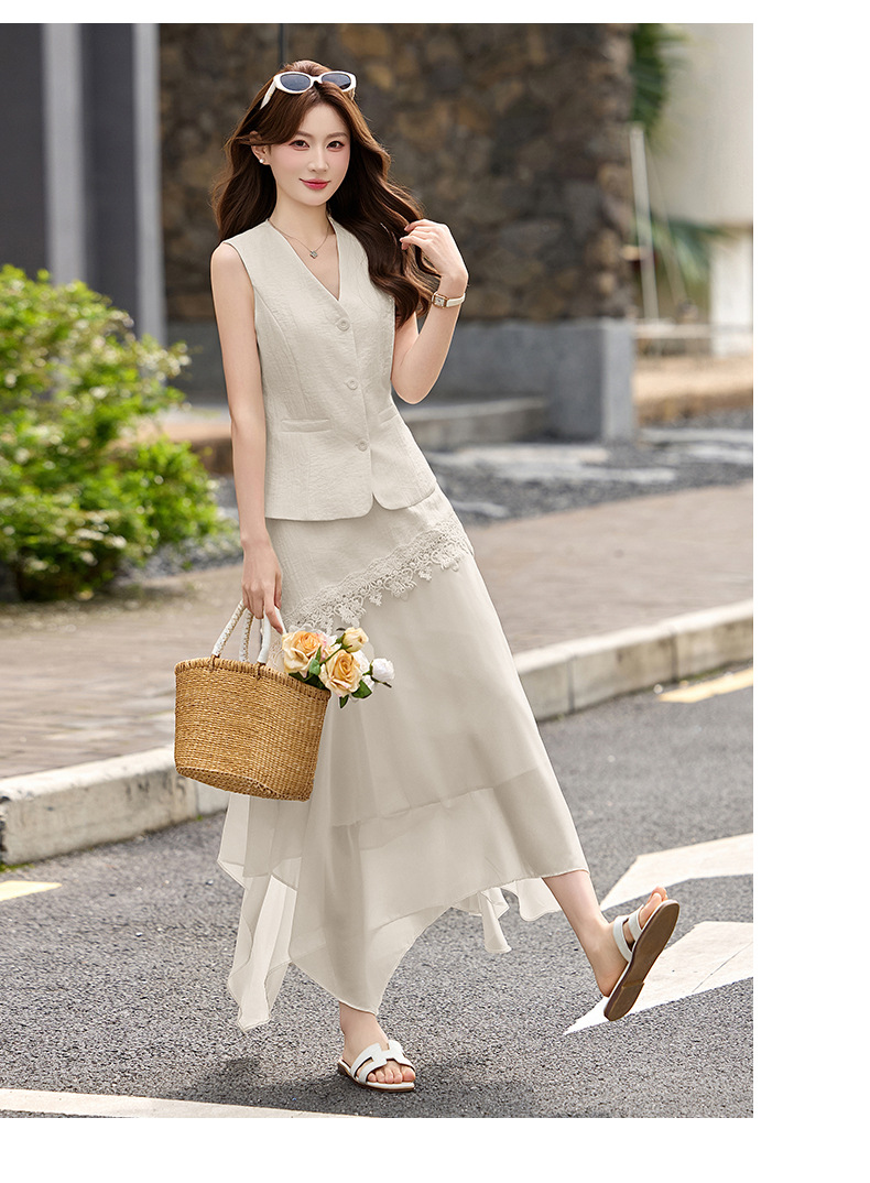 Bộ áo gile không tay và chân váy nữ cao cấp 2026 thiết kế thanh lịch tôn dáng hai mảnh YH6127 — Sữa hạnh nhân, màu trắng ngà chi tiết 24
