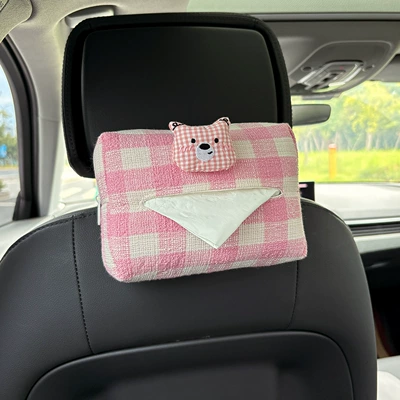 Creative Cartoon Plaid Bear Car Car tissue box/set - pink-bear-head-plaid-tissue-draw-pink