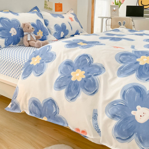 Lemon Fresh Aloe Cotton Soft Flannel Quilt Set for Dormitory Three-Piece Gift Set Bed Sheet and Duvet Cover Bedding Wholesale