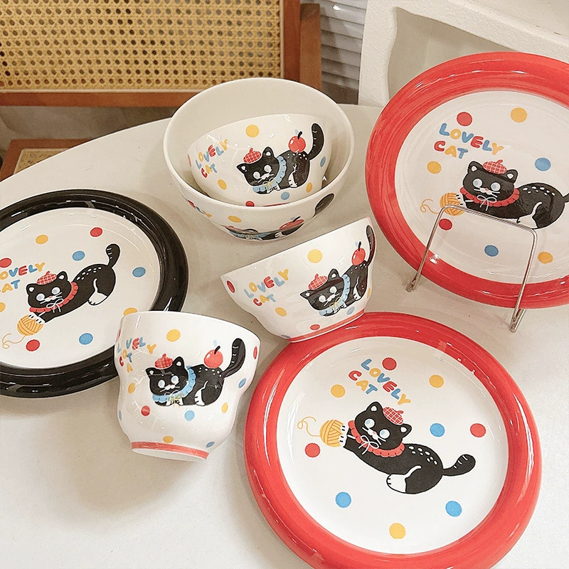 Ceramic glaze home tableware Cute cat plate rice bowl student dormitory Creative disc