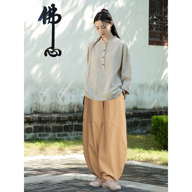 女性用在家服、中国風婦人服、綿麻ボタン付きトップス、禅服、中国風仏教禅無地スーツ|undefined