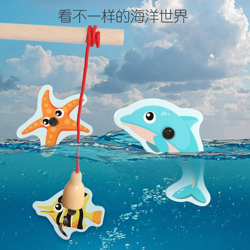 Wooden children's educational puzzle 3-6 years old baby stall magnetic fish pond Fun barreled ocean magnetic fishing toy