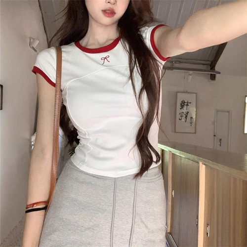 Bow-knot Embroidery Short-Sleeve T-Shirt for Women: Summer Sweet & Spicy Style, Slimming Fit with Bold Color-Blocked Hemlines—Chic Instagram-Worthy Top