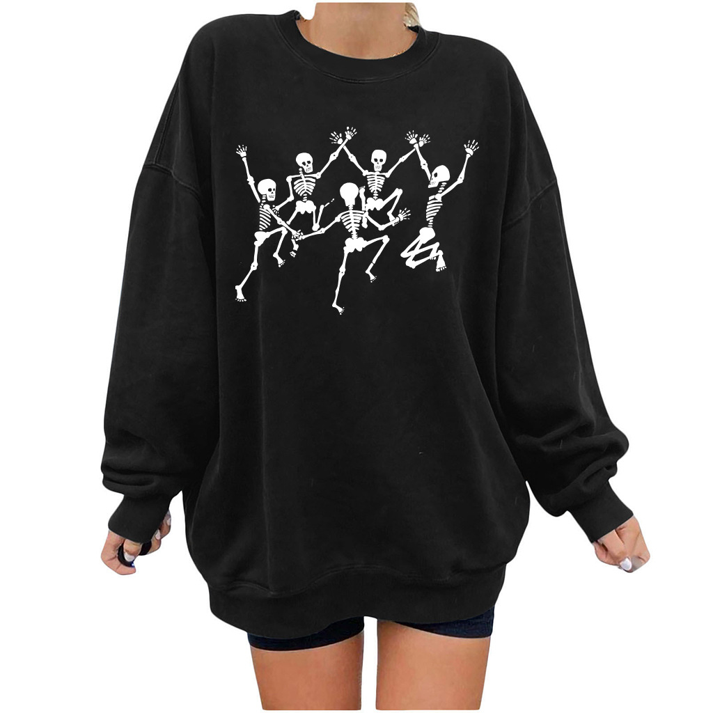 women s dropped shoulder round neck dancing skull prined fleece sweatershirt nihaostyles wholesale costumes NSYUM79720