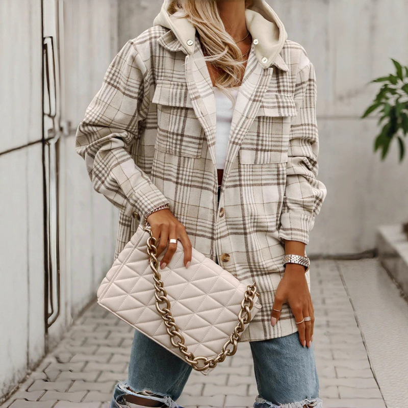 Cross-Border Amazon Casual Plaid Shirt Autumn and Winter Loose Plaid Pocket Hooded Jacket Detachable Hood Buckle