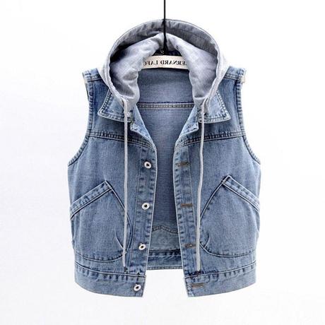 清仓捡漏~专柜撤回大牌剪标女牛仔背心马甲休闲短款无袖连帽外套