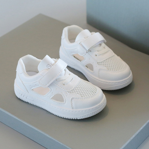 Children's white sneakers 2025 summer boys' sports shoes breathable mesh shoes with holes girls' casual board shoes soft bottom baby shoes