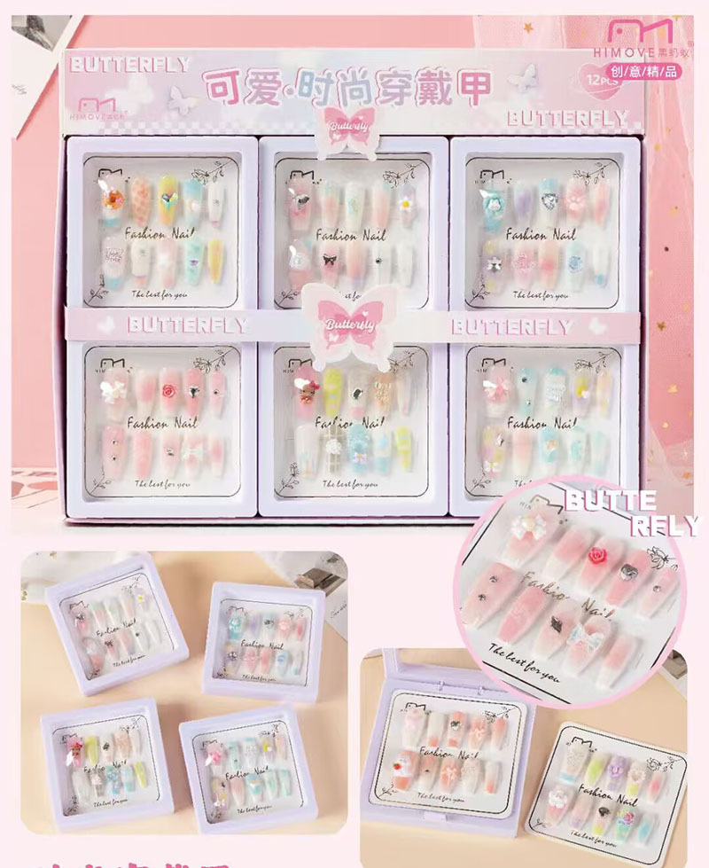 Nuevo desgaste de la serie de mariposa de uñas etiquetas de uñas niñas caja de almacenamiento transparente etiquetas de uñas falsas niñas etiquetas de uñas cortas