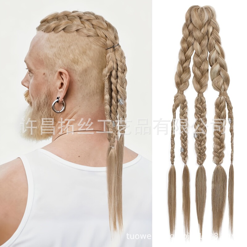 Men's Wig Ponytail, Hand-Woven Viking Men's Hair Extension, Clip-On Ponytail Hairpiece, Fake Hair Braid Men's Wig Ponytail, Hand-Woven Viking Men's Hair Extension, Clip-On Ponytail Hairpiece, Fake Hair Braid