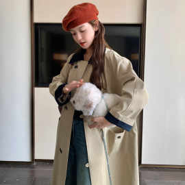 实拍撞色翻领双排扣复古拼接大口袋宽松显瘦卡其色中长风衣外套女