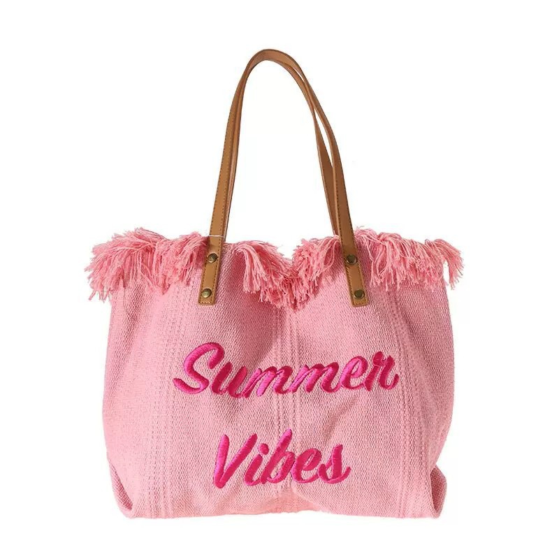 大容量バッグキャンバスバッグ刺繍アルファベットトートバッグレディース女性カバン編みビーチバッグショルダーバッグBag
