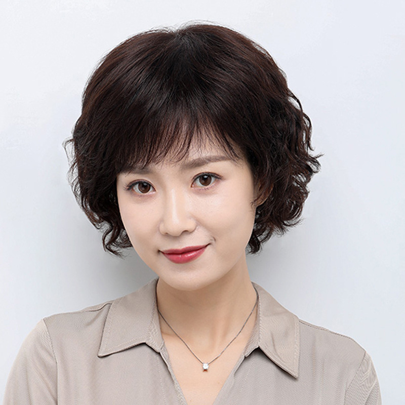 Wig Women's Mid-length curly hair real human hair full head cover fashionable temperament mother head cover fluffy middle-aged and elderly wig cover