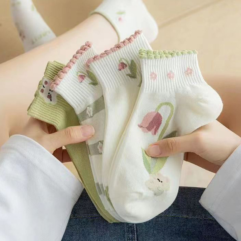 Socks Women's Socks Spring and Summer Thin Flower Boat Socks Sweet and Cute Cartoon Small Fresh Bunny Blue Green Ins