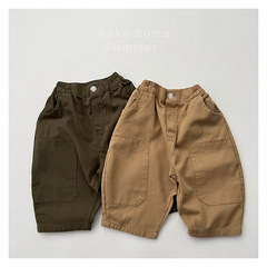 Children's Korean style overalls spring and summer new style boys and girls pressed radish pants washed retro patch nine-point casual pants