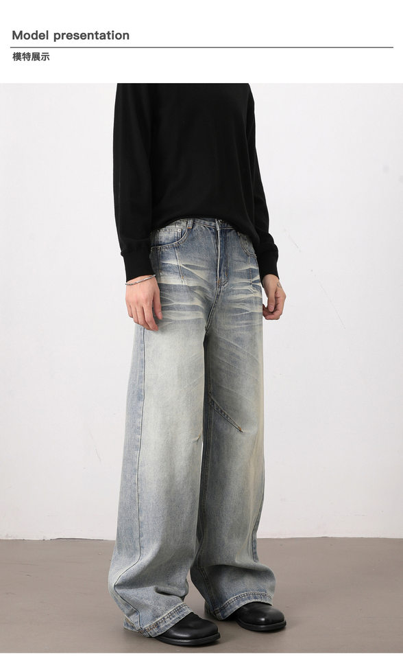 Quần jeans nam dáng rộng ống đứng phong cách high street, lưng vừa, dài ống, dễ phối đồ — Xanh nhạt chi tiết 7