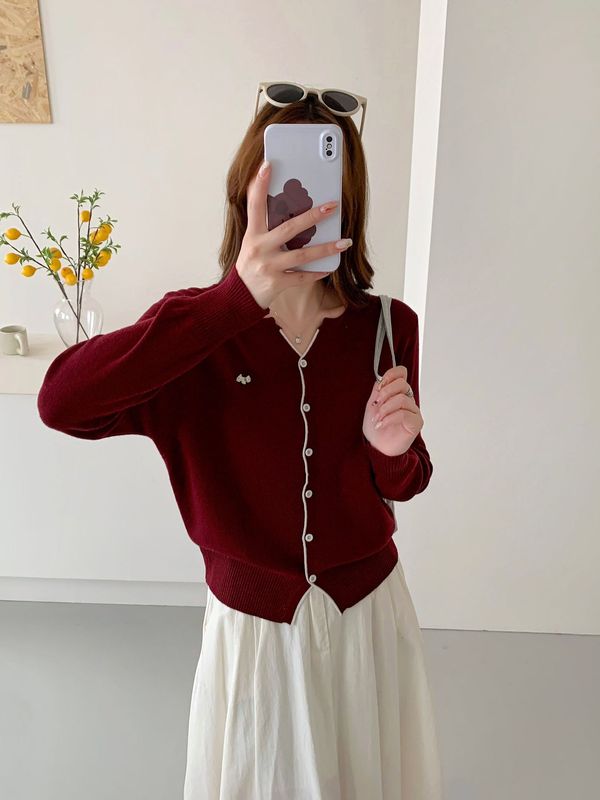 韩版25秋新款跨境女装显瘦百搭纯色设计刺绣软糯针织开衫毛衣上衣|undefined