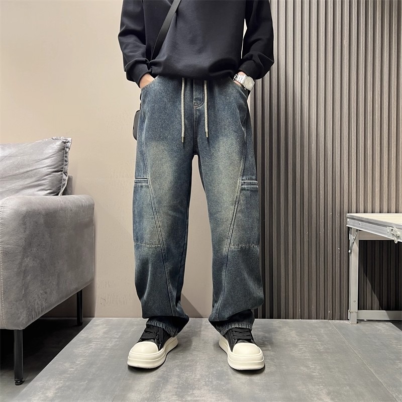 Men's Smoky Gray Washed Retro Straight Leg Jeans Style High Street Loose Fit Trendy Slimming Casual Slightly Flared Trousers_mkmklike.com