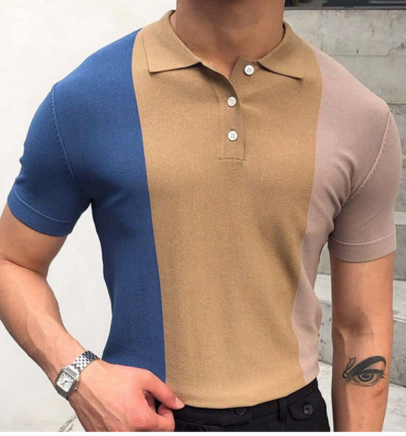 2024 New Men's Summer Contrast Spliced Men's Knitwear Short Sleeved Business Polo Shirt_voghion.com