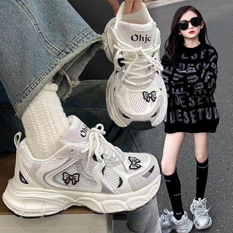 Girls' Sports Shoes 2025 Spring & Fall New Kidsren's Soft-Soled Dad Shoes, Medium and Large Kidsren's Breathable Mesh Shoes, Trendy Running Shoes