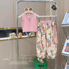 甜美风洋气女童背心套装2024夏季新款简约无袖背心碎花裤子两件套