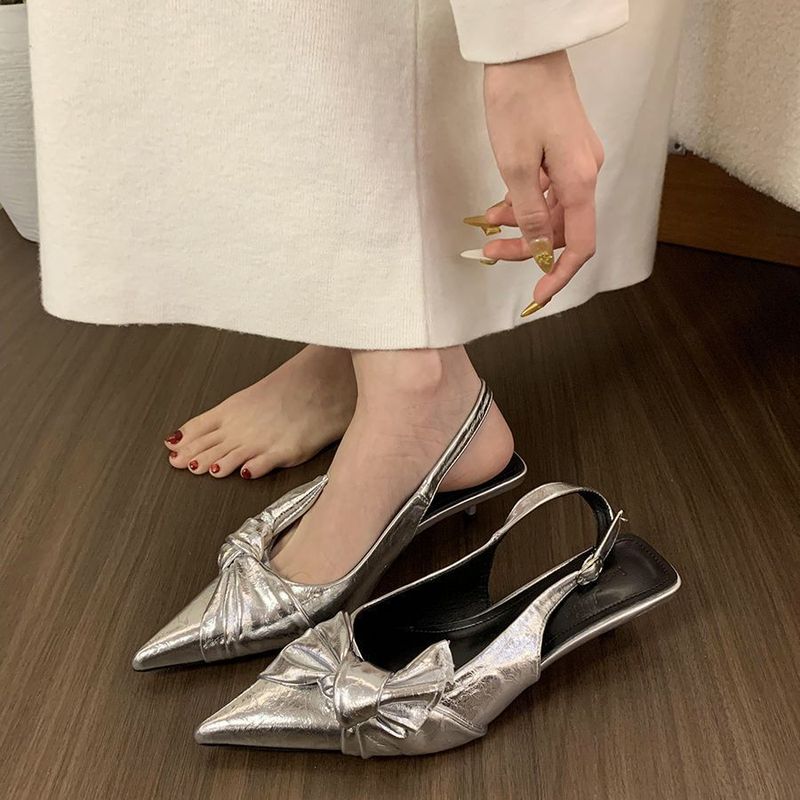 シルバーハイヒール婦人靴 2025 新作春フレンチスタイルスカート付きポインテッドトゥファッションシューズ|undefined